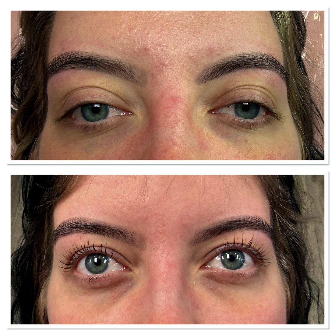 Before and after lash lift and tint results at Kinza's Brow Bar & Spa