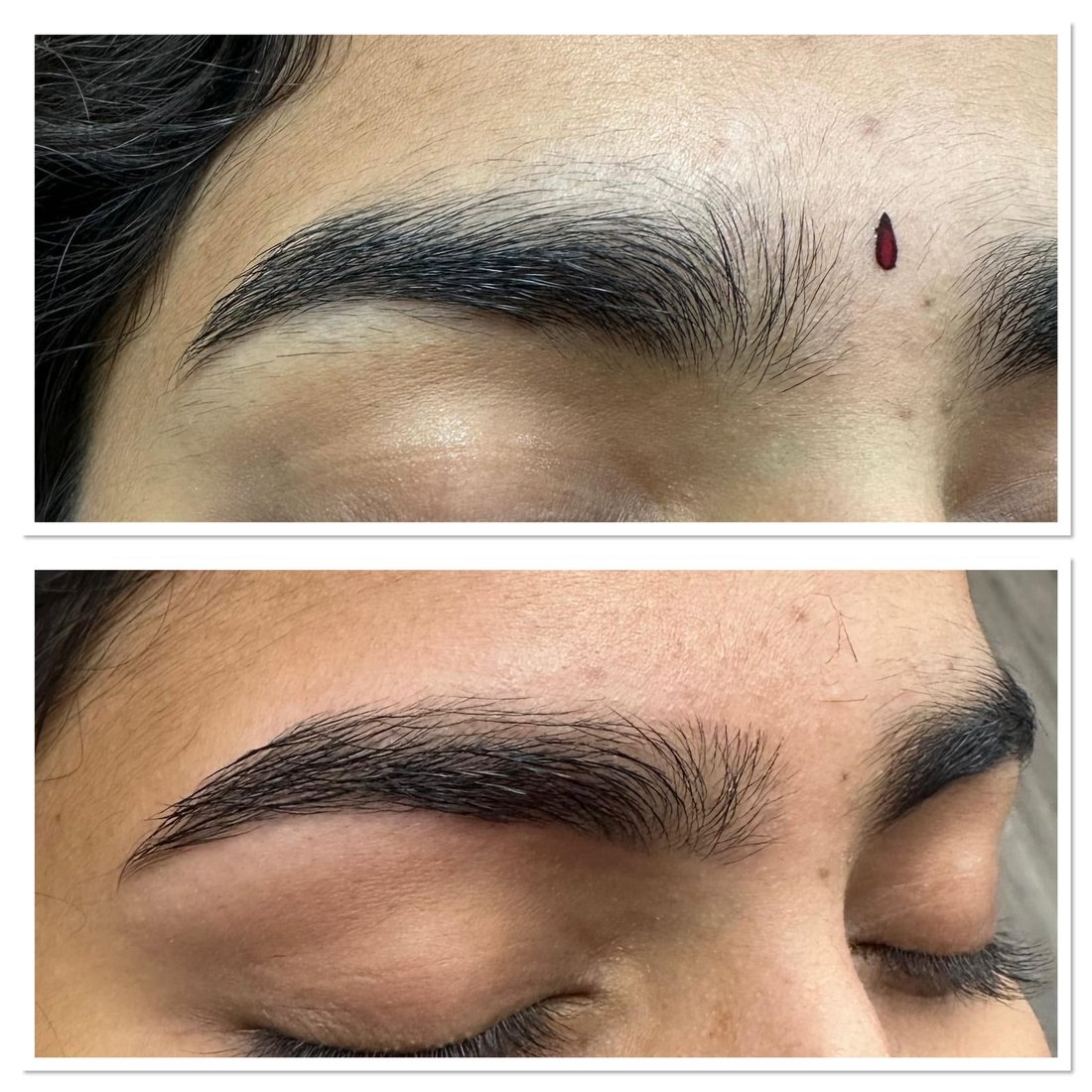 Before and after eyebrow threading and shaping results at Kinza's Brow Bar & Spa