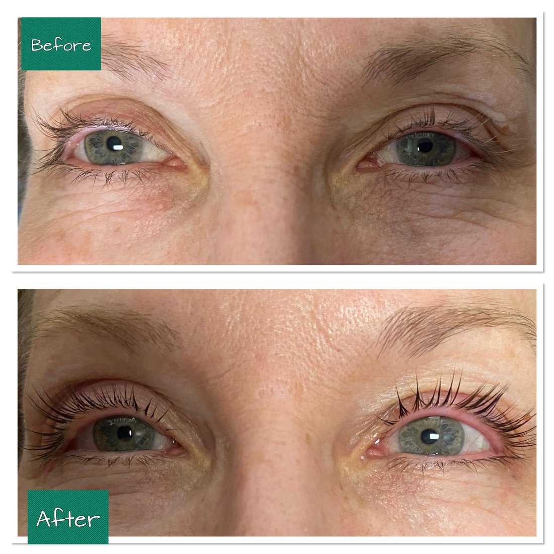 Before and after lash lift and lash tint results at Kinza's Brow Bar & Spa